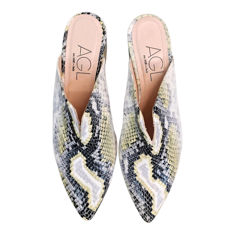 AGL Leather Snakeskin Pointed Toe Mules Size 7.5 Green & Gray Designer Luxury - Picture 5 of 15